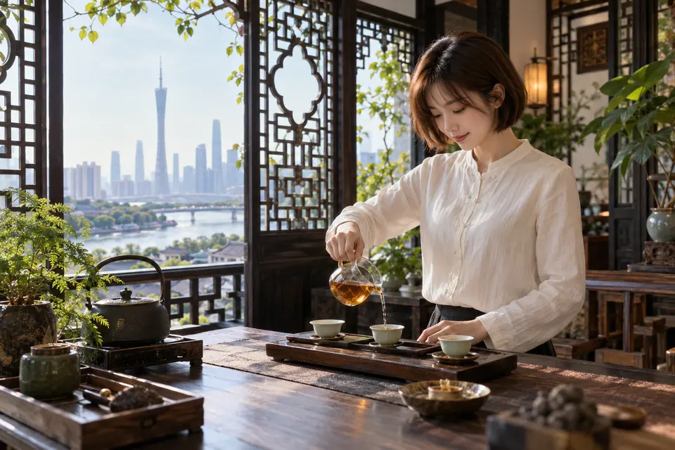 岭南花窗前的公道杯冲泡空间，示意花香型茶样的冲泡与分汤