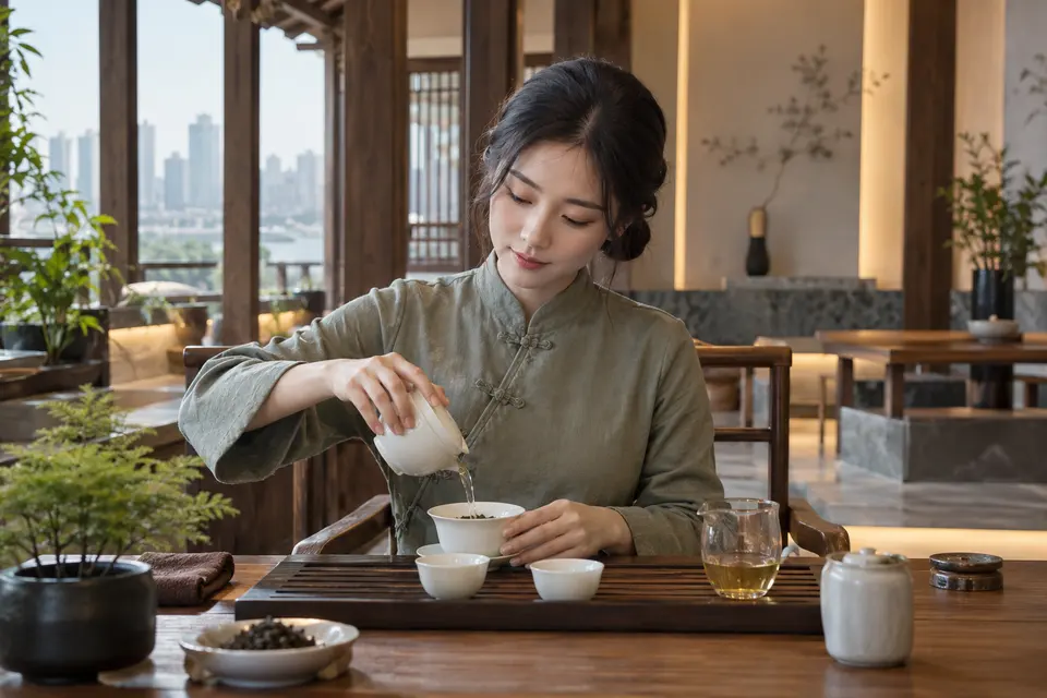 新中式盖碗冲泡场景，示意原叶茶品鉴中的注水与出汤过程