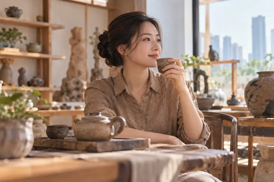 陶艺茶器工作室中的茶杯与茶具，示意器具对品饮体验的影响