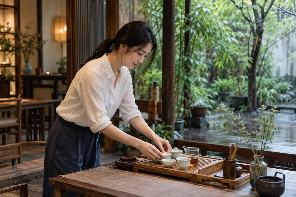 庭院茶席上摆放的盖碗与竹制茶具，示意成都品茶工作室的茶席布置